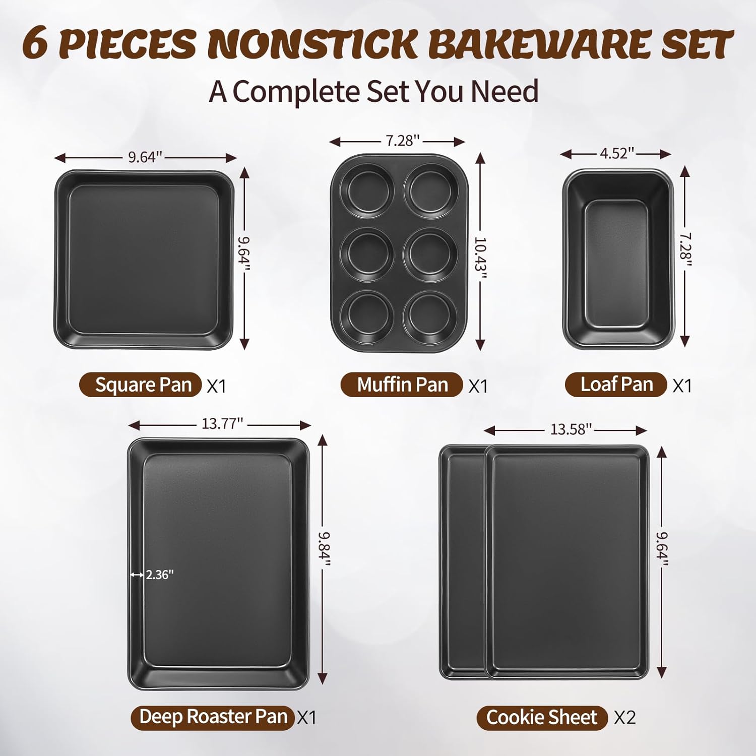 Baking Pans Set, Nonstick Bakeware Sets, Oven Pans for Cooking,  6 count Baking Sheets Set Including Cookie Sheet, Deep Roaster Pan, Square Pan, Loaf Pan, Muffin Pan, Carbon Steel Baking Set