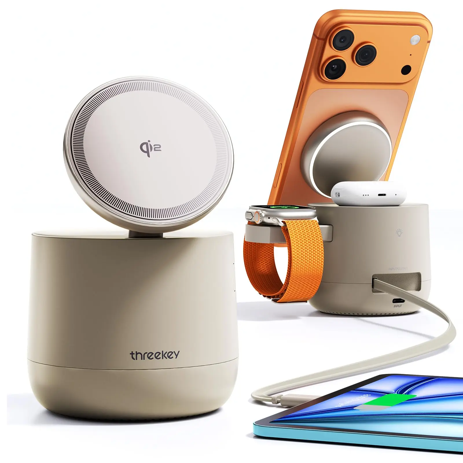 4 in 1 Magnetic Wireless Charging Station, Qi2 15W Travel Charger with 3ft Type-C Cable, Compatible with iPhone 17/16/15/14/13/12 Series、iWatch、AirPods(65W Adapter Included)