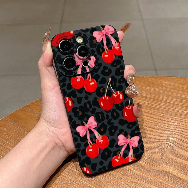 Cherry Pattern Phone Case with Charger Head Cover & Cable Protector & Storage Rope, Shockproof Phone Case for iPhone, Casing, Accessories