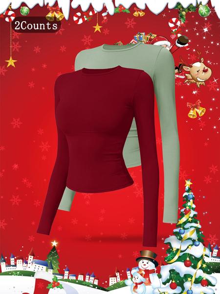 Women's Solid Long Sleeve Sports Tee, Sporty Round Neck T-shirt for Yoga Gym Workout Running, Ladies Sportswear for Spring & Fall, Gym Performance Top