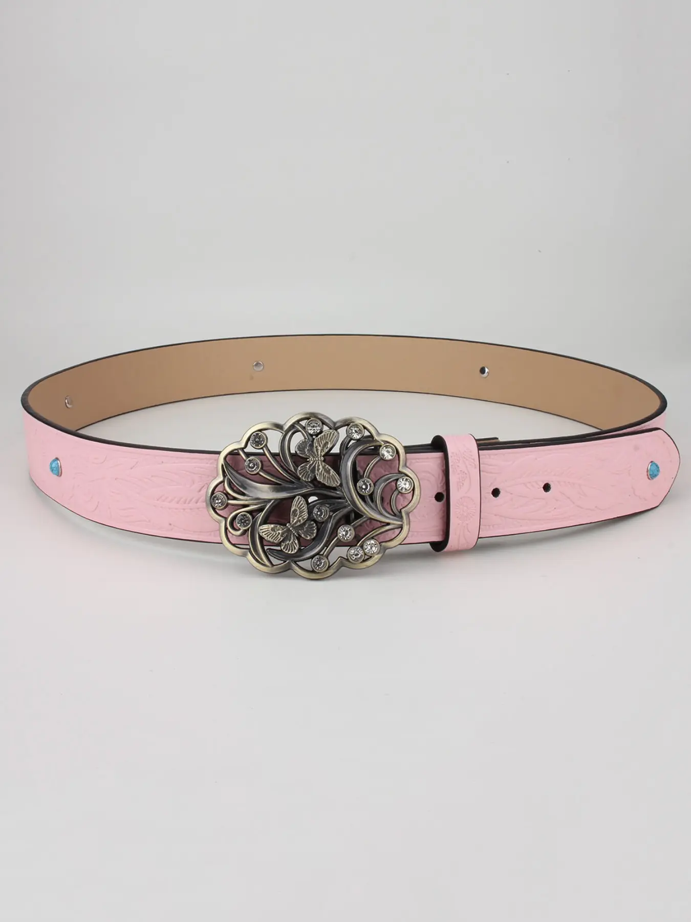 Women's PU Belt with Butterfly Flower Crystal Buckle, Embossed Pattern Design, Adjustable Length, Ideal for Daily Wear or Parties
