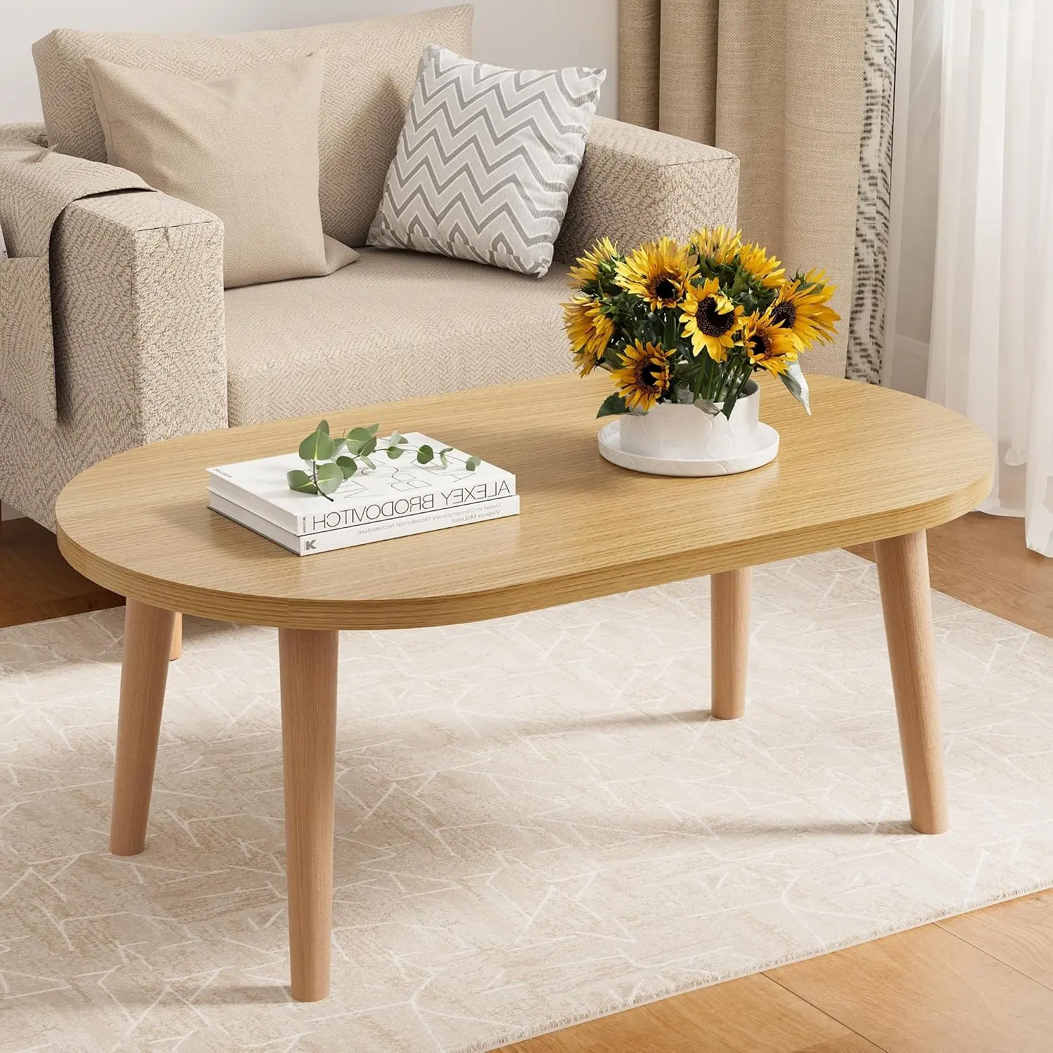 Small Coffee Table, Low Table with Solid Wood Legs, 23.6" Mini Oval Accent Table Side End Table, Floor Table Desk for Sitting on The Floor, Coffee Tea Table for Living Room, Dorm, Apartment, Natural