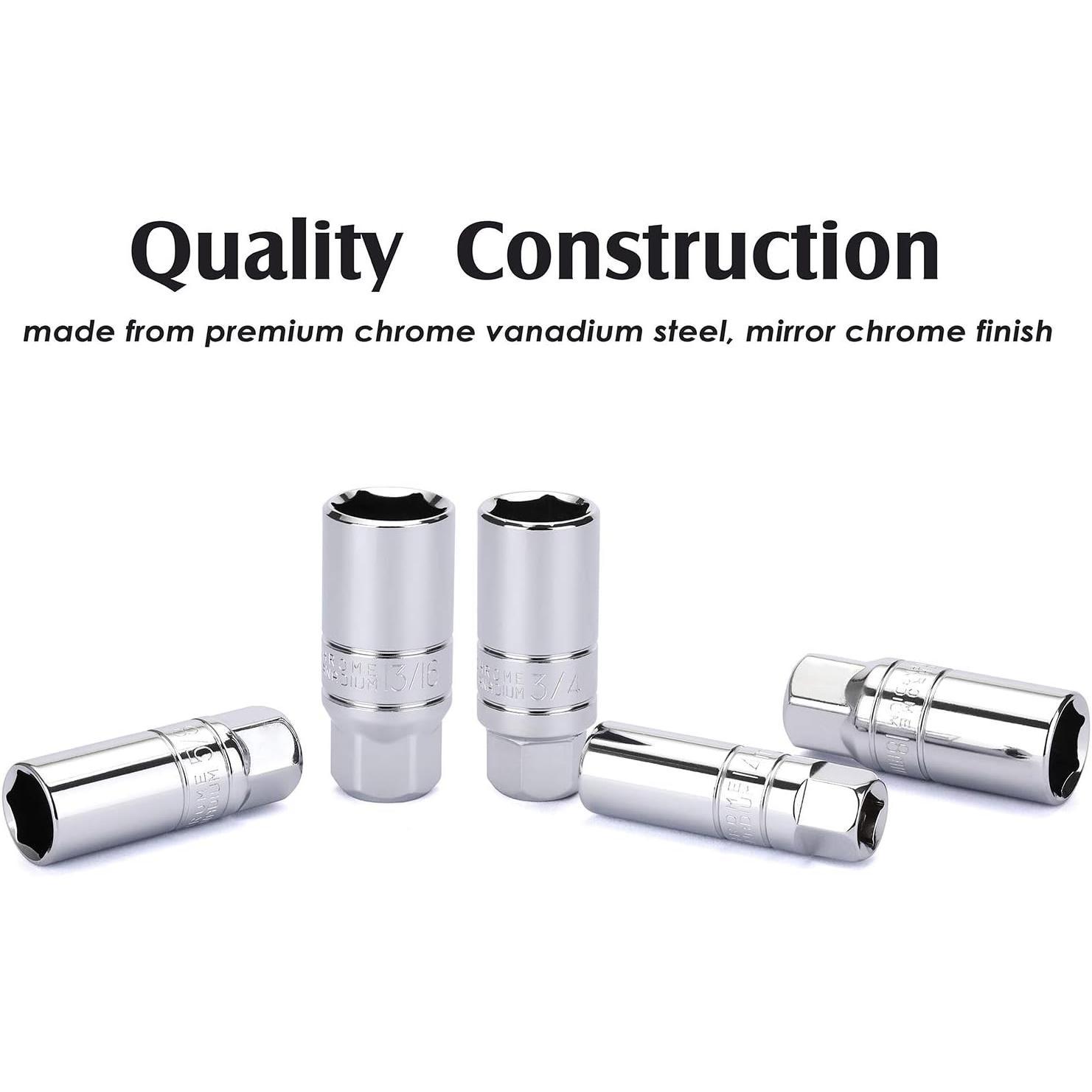 3/8-Inch Drive Spark Plug Socket Set, SAE & Metric, CR-V Steel Mirror finish, 6-Point, 5/8-Inch, 3/4-Inch, 13/16-Inch, 14mm, 18mm, 5-Set