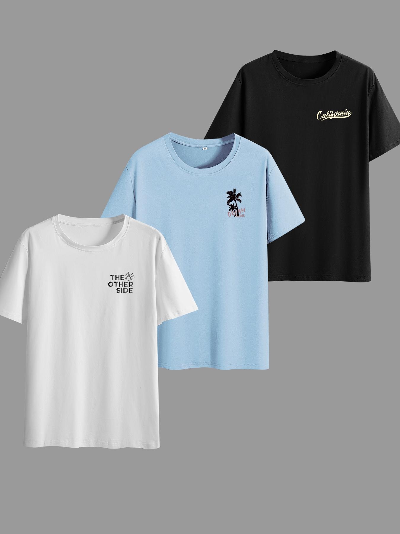 Men's Letter & Coconut Tree Print Round Neck Tee, Regular Fit Casual Short Sleeve T-shirt for Summer, Men's Top for Daily Wear