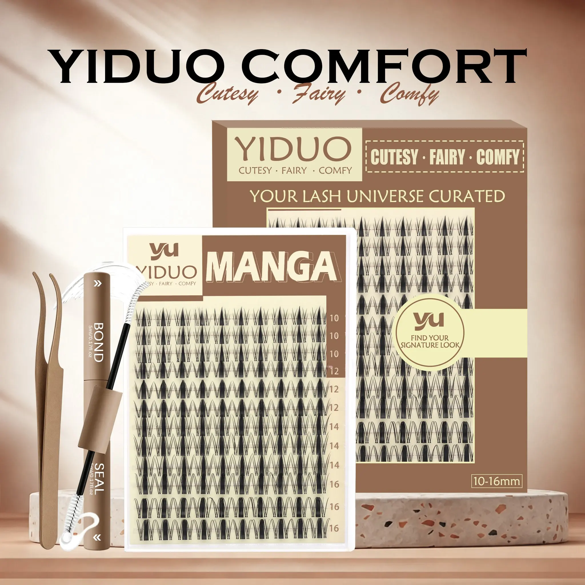 YIDUO Manga Lash Clusters Kit, Volume Lash Clusters, 10-16mm D Curly Wispy Cosmetic Lashes, 0.03mm Ultra-Soft Band, w/ Tweezers & 2in1 Bond & Seal, Waterproof, Feather-Light, Beginner-Friendly.