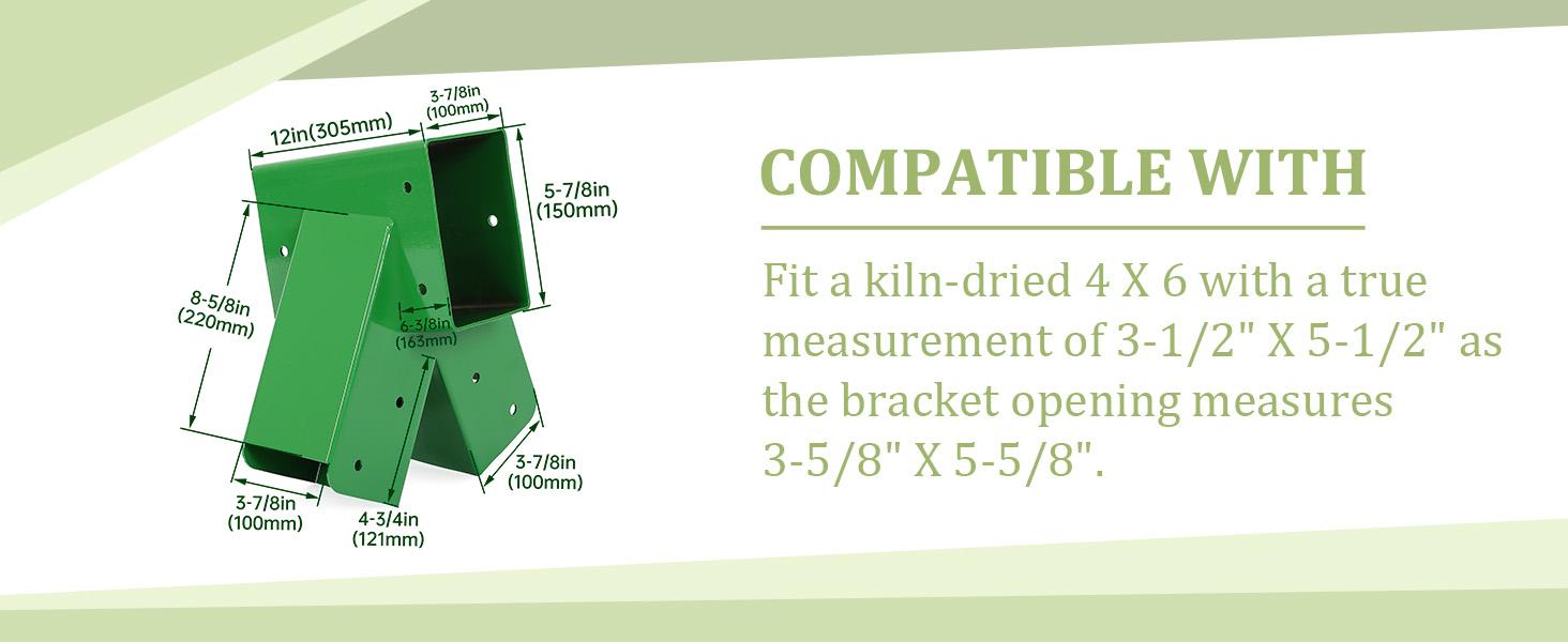 2 Pcs A-Frame Swing Set Bracket Heavy Duty Steel Green w/Mounting Hardware (2 Brackets) for 2 (4" x 4") Legs & 1 (4" x 6") Beam