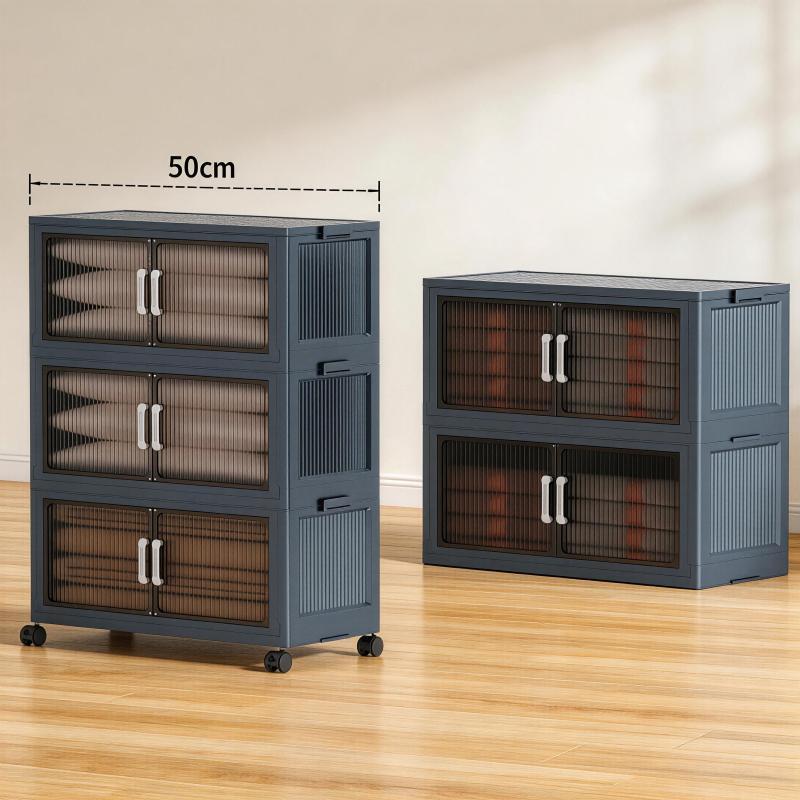 4 Tier Folding Storage Containers with Wheels, Stackable Collapsible Plastic Bins, Durable Organizer for Kitchen Pantry and Closet