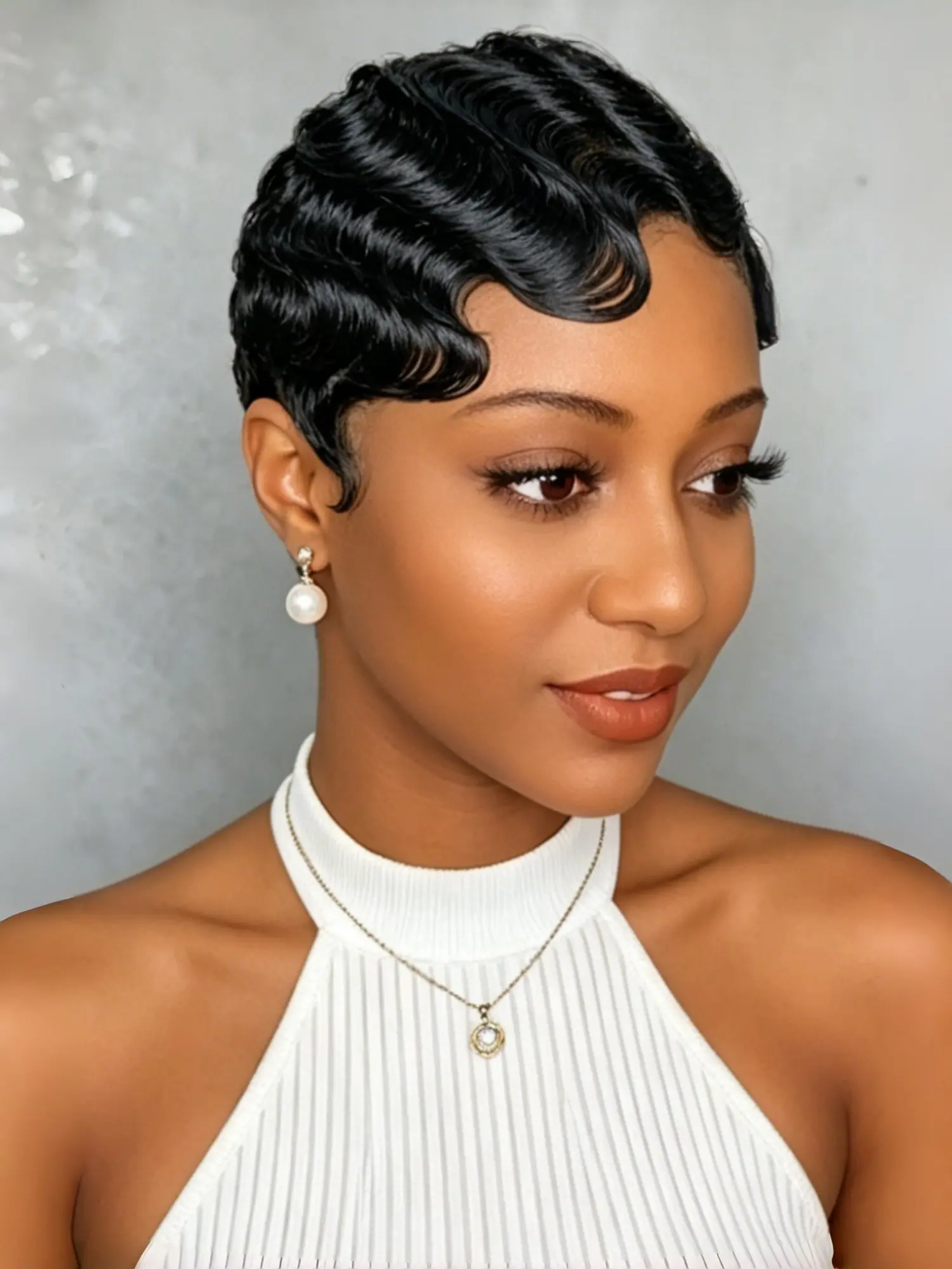 Short Pixie Cut Wig Human Hair Ocean Wave Style Natural Wig for Women
