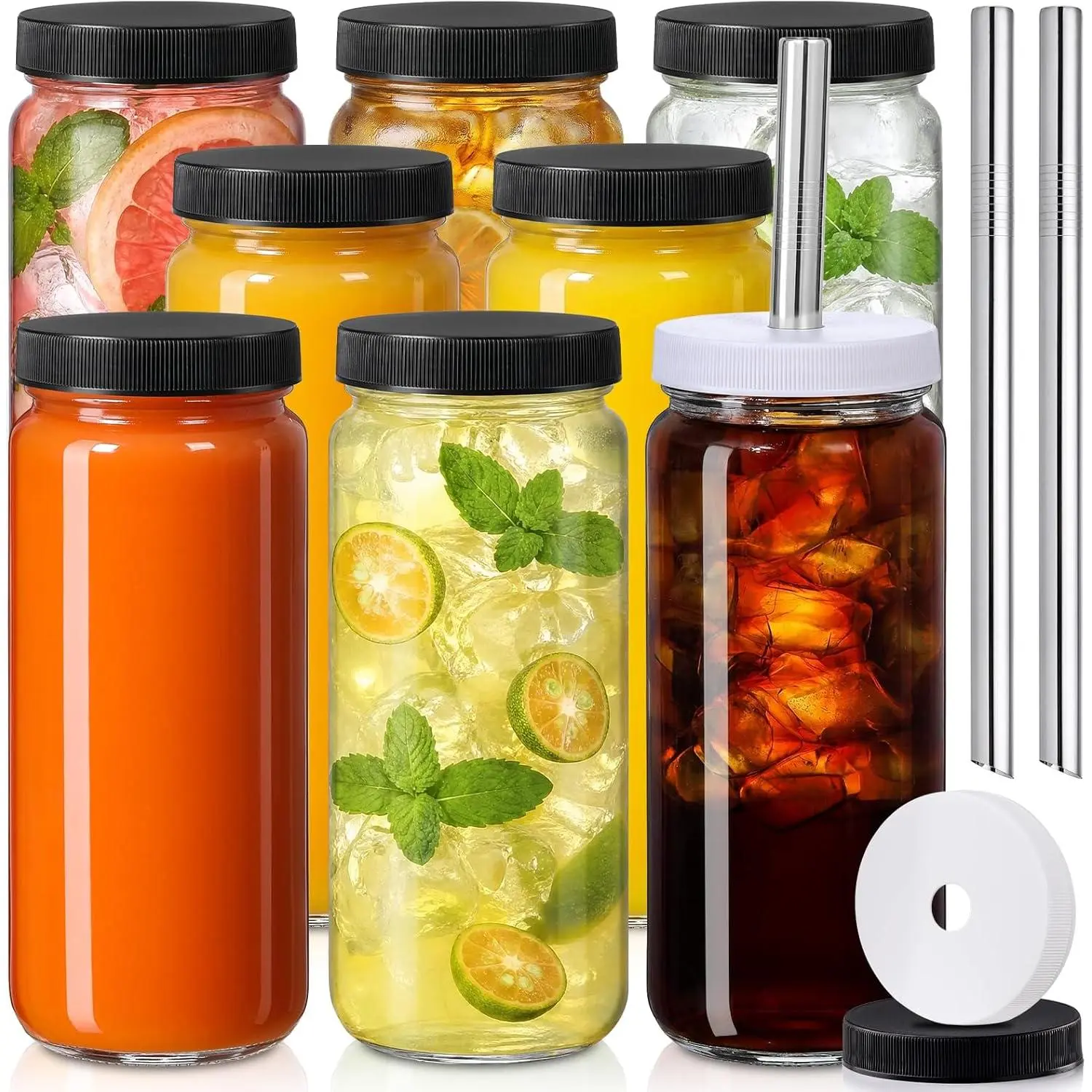 8 Pack 16OZ Glass Juice Bottles with 8 Airtight Lids & 2 Straw Lids & 2 Straws - Freezable Juice Container, Travel Juicing Jars, Drinking Water Cups - Reusable Tall Mason Jar for Tea, Juice, Smoothies