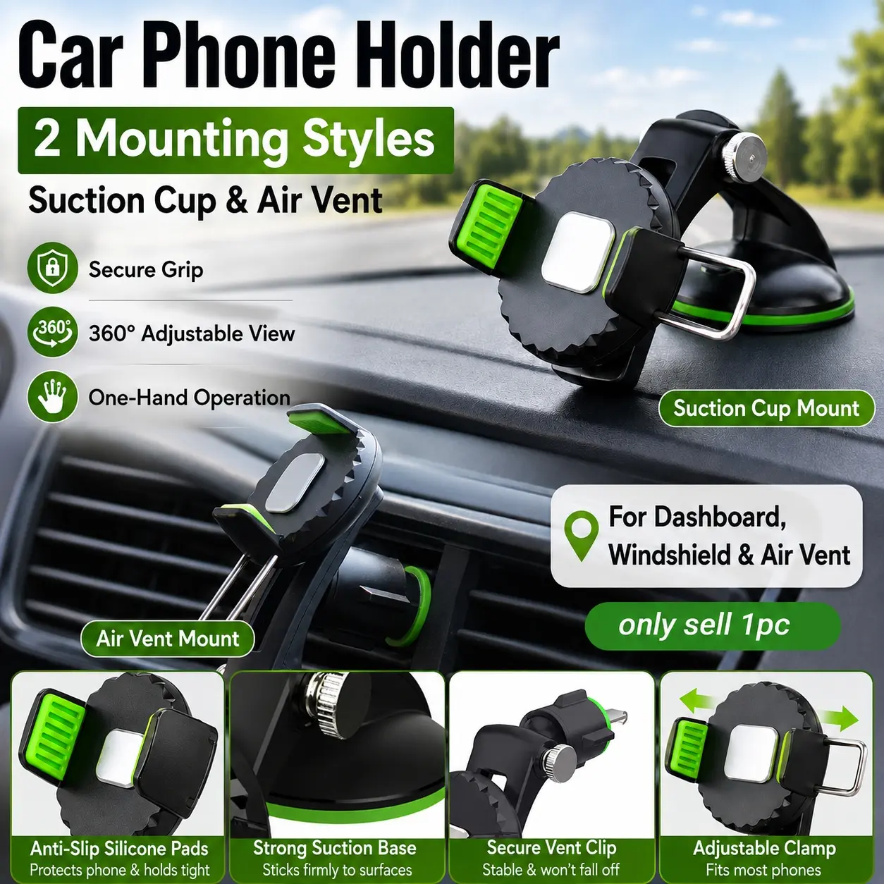 Universal Car Phone Holder, Air Vent Clip or Dashboard Suction Cup Mount, Adjustable Smartphone Stand Featuring 360° Rotation and Stable Grip Clamp, Hands Free Navigation Phone Bracket for Driving,  for Daily Driving, Business Trips and Road Adventures
