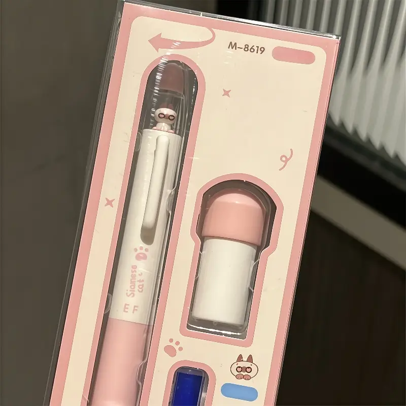 1 pink Siamese cat upright rotating pen set, including 1 gel pen (with ink bag) + 1 converter, healing milk coffee style, EF nib, erasable smooth blue ink, three-dimensional cat nib, rotating nib design, for students to write in class