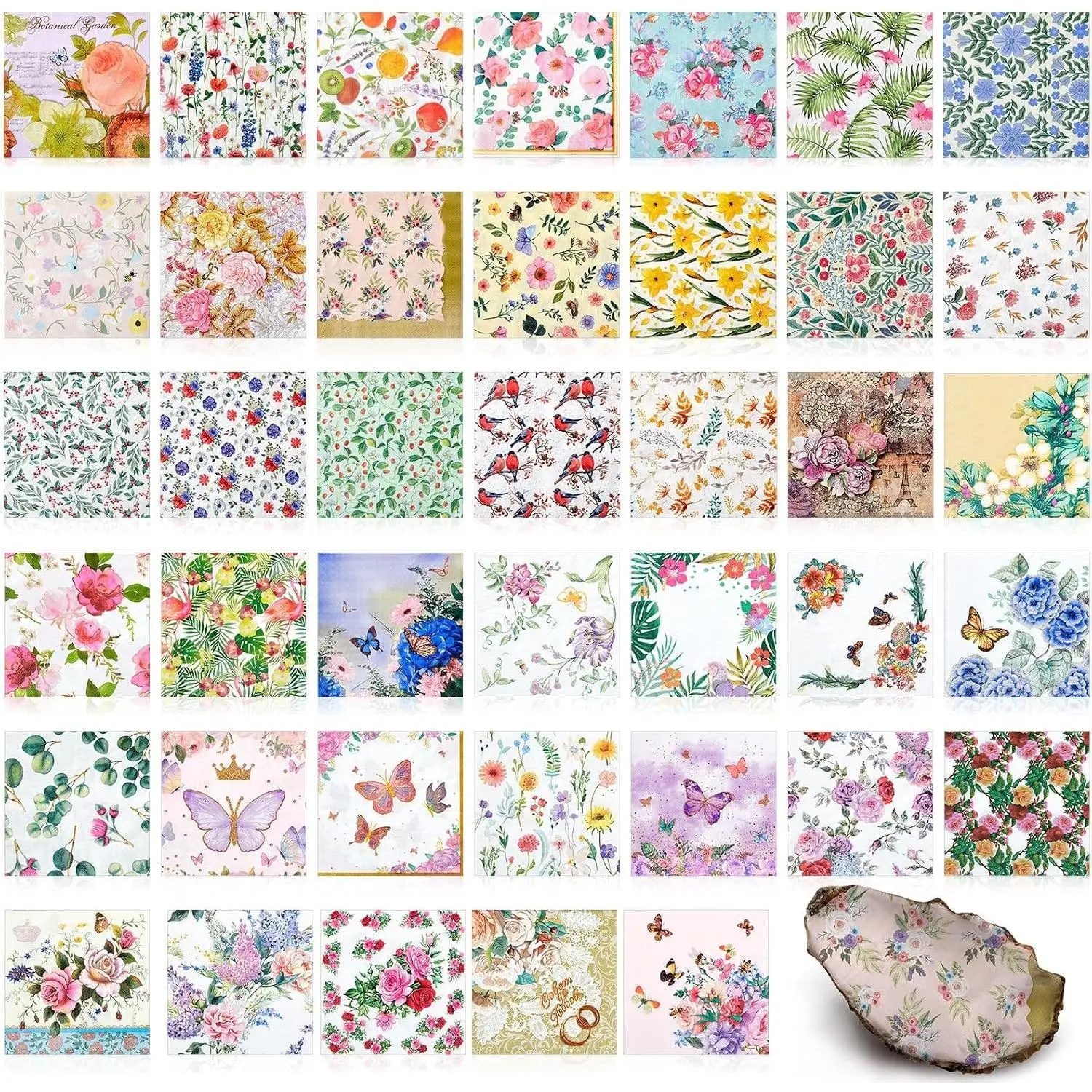 40 Pack Decoupage Napkins Assorted Floral Decorative Decoupage Napkins Cocktail Paper for DIY Crafting Birthday Party, Each Unfolded 13 Inch (Soft Floral)