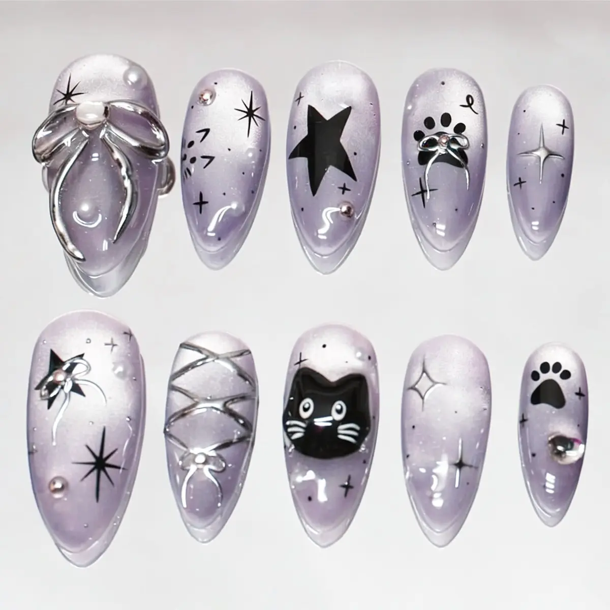 24pcs Y2K Cat Eye Press on Nails, Almond Shape Fake Nails, Decorative Nails with Cat Print, Pearls, Silver Color Bowknot, Luxurious Design