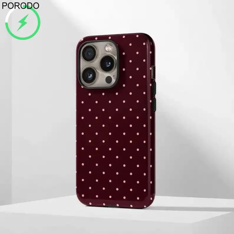 Magnetic Case iPhone Case Burgundy Polka Dot Phone Case Chic 90s Retro Design, for iPhone 17, 16, 15, 14, 13, 12, 11Pro Max, ,,,