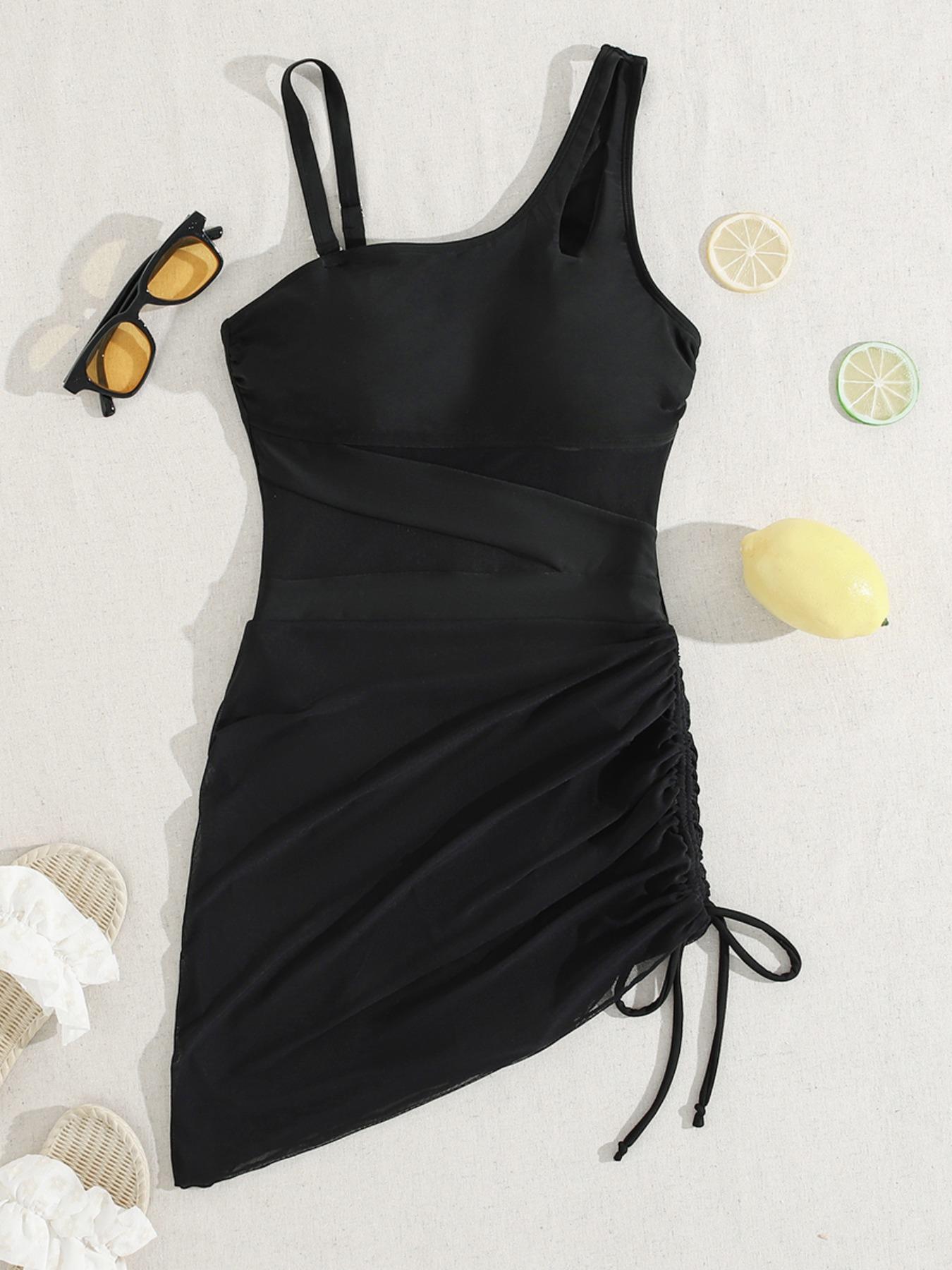 Women's Solid Color Mesh Insert One-piece Swimsuit, Casual Sleeveless Swimwear for Beach Holiday Vacation, Ladies Swimsuit for All Seasons