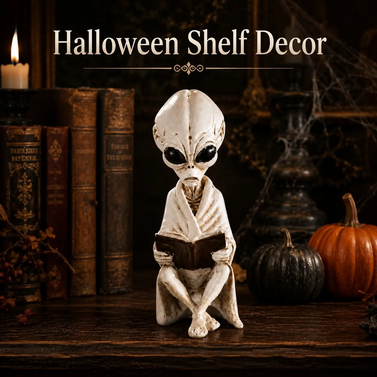 Fun Alien Reading Resin Figurine, Vintage Alien Statue, Resin Decorative Ornament, Indoor Outdoor Garden Decoration, Unique Art Design, Halloween Gift
