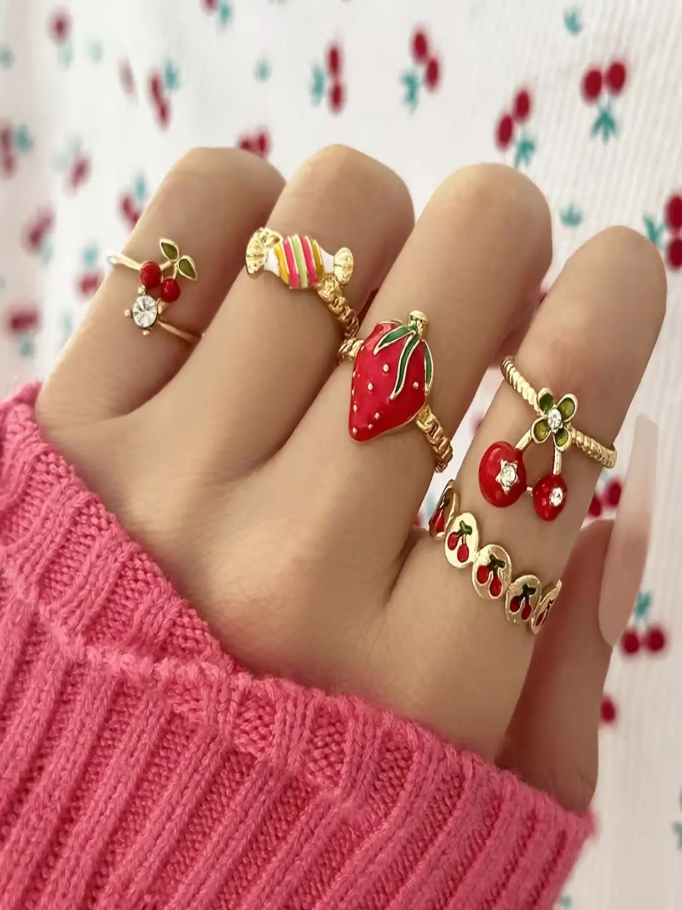 5 Pcs Alloy Rhinestone Ring Set, Fashionable Cute Sexy Casual Cherry Strawberry Candy Color Rings, Party Festival Jewelry