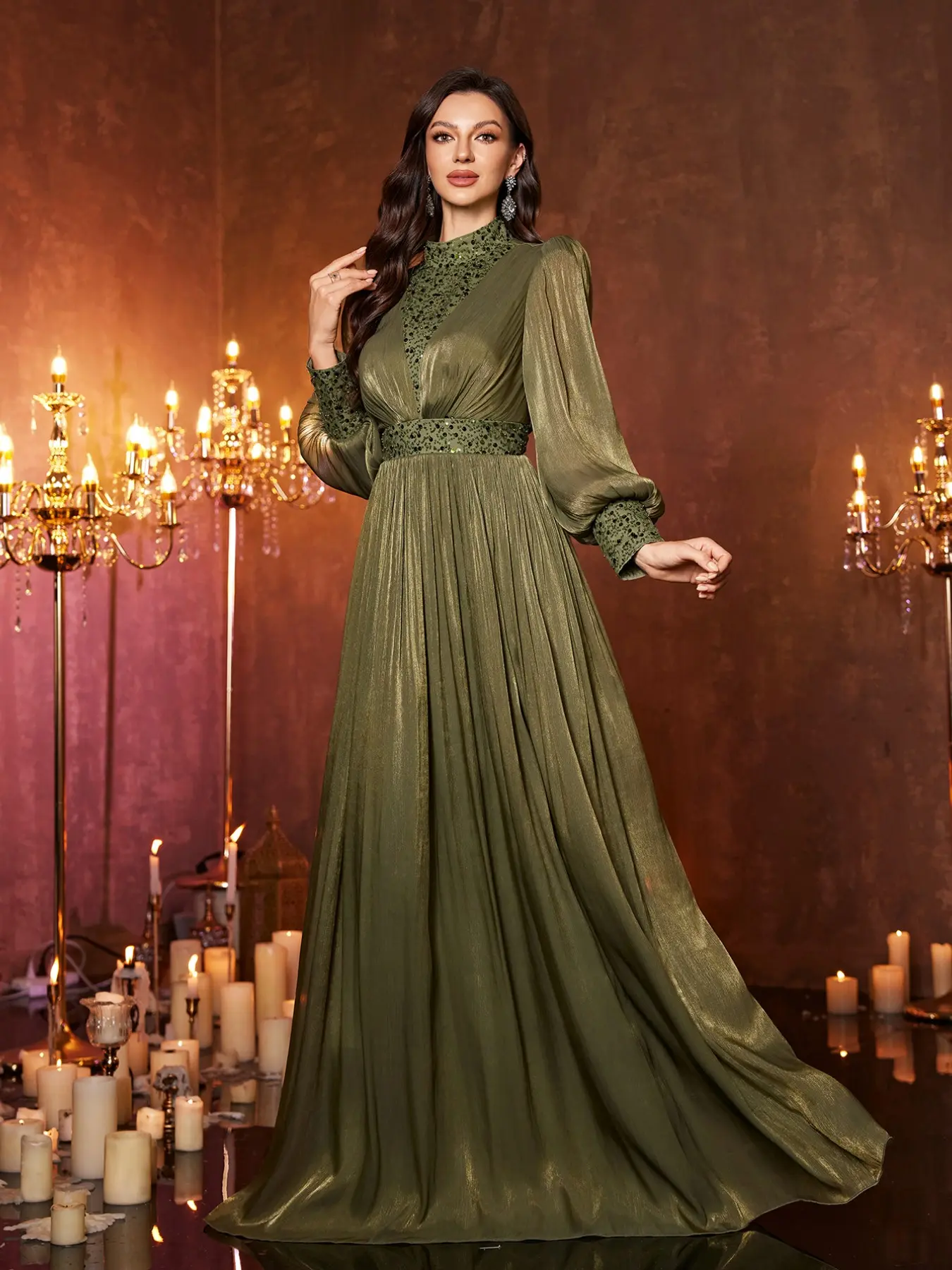 New Chic Stand Collar High Neck Beaded Embroidery Chiffon Long Sleeve Dress, Elegant Waist Cinch Pleated Maxi Evening Party Gown, Luxurious Formal Wear, Formal Evening Dresses