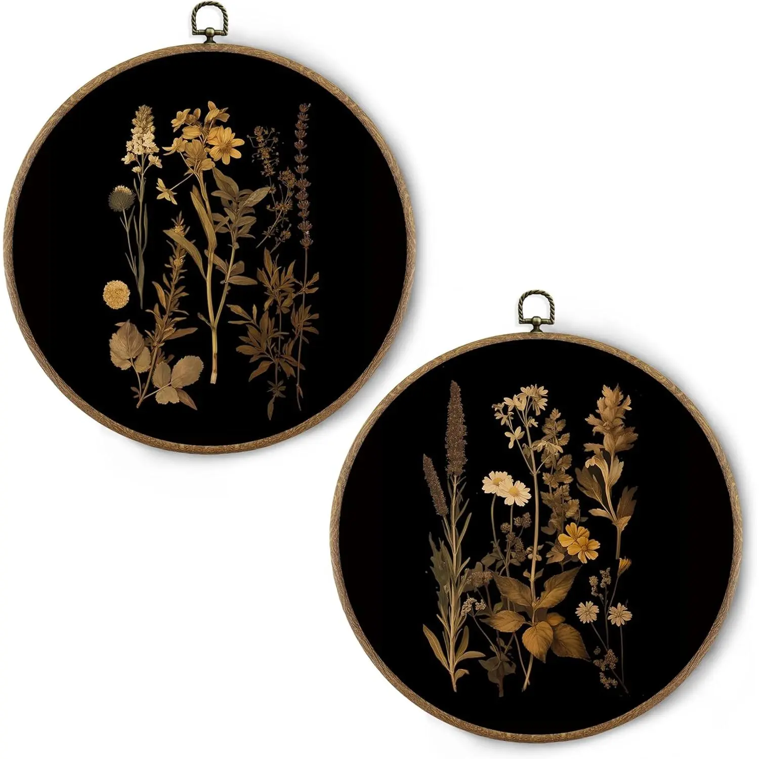 BitKAM Vintage Moody Botanical Round Wall Art Decor, Dark Academia Floral Canvas Prints Framed, Cottagecore Flower Wall Hanging Decorations for Bedroom Home, 10x10 Inch Wall Sculptures Set of 2