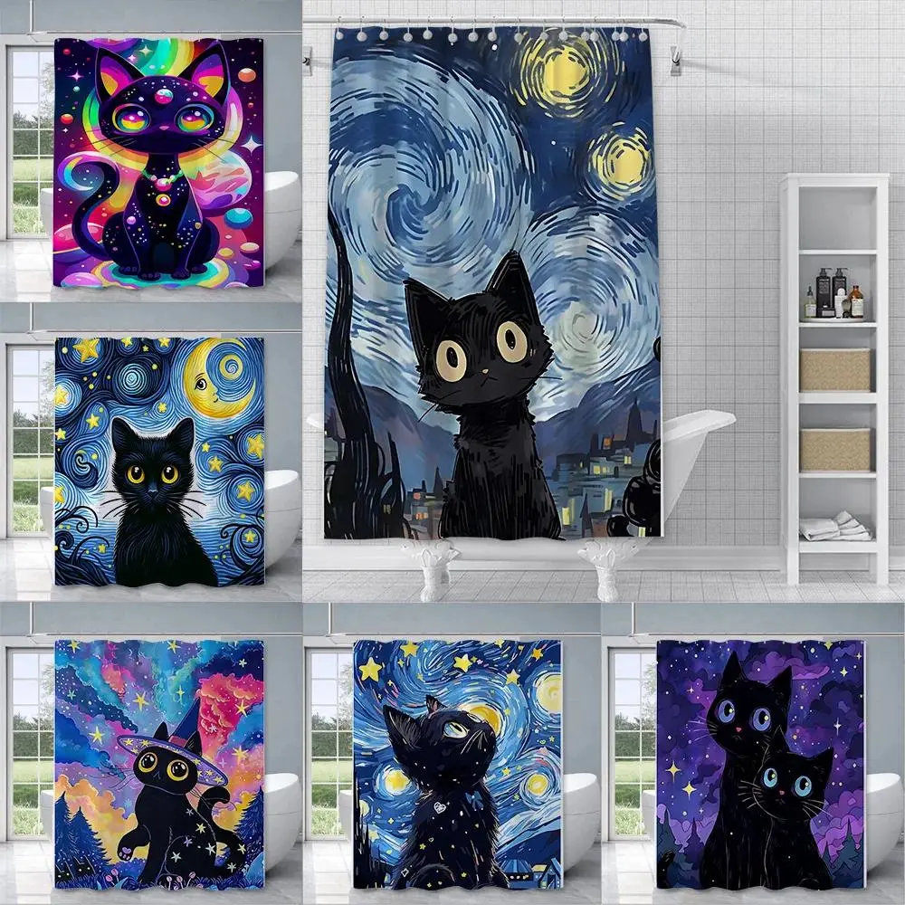 Shower Starry Sky Cat Curtain Waterproof Polyester Fabric Paint Colorful Bath Curtains Home Bathroom Decor Curtain With Hook