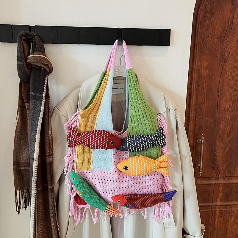 2026 New Niche Versatile Fashion Patchwork Personality Fish Handbag Knitted Tote Bag for College Students, Large Capacity Women's Bag for Class and mute