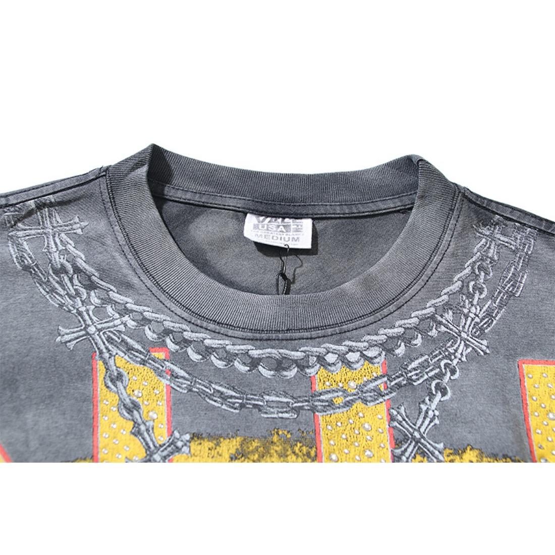 Vale Vintage Washed Streetwear T-Shirt, Bling Rhinestone Heat Transfer Print, Retro American High Street Singer Portrait & Letter Graphic, Y2K Hip Hop Summer Cotton Crew Neck Short Sleeve Tee