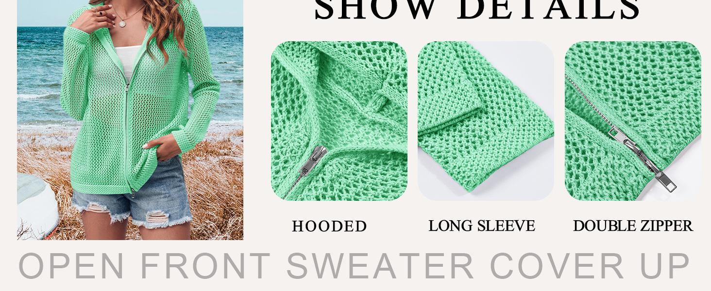 Saodimallsu Women's Crochet Lightweight Cardigan Zip Up Hooded Long Sleeve Knit Sweater Mesh Beach Swim Cover Up for Summer SpringStatements Swimsuit Coverup Saodimallsu Women's Crochet Lightweight Cardigan Zip Up Hooded Long Sleeve Knit Sweater Mesh Beach Swim Cover Up for Summer SpringStatements Swimsuit Coverup