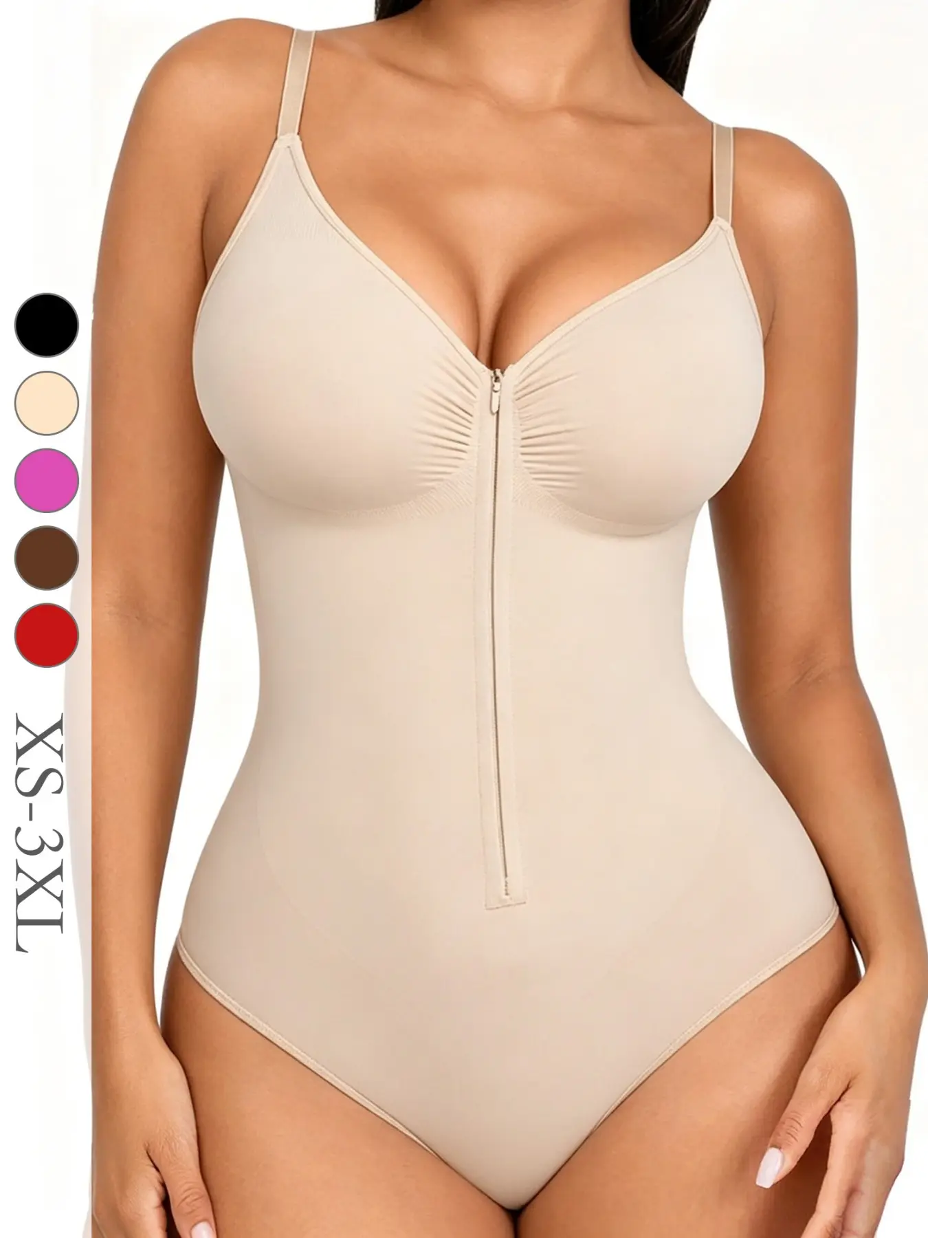 Women's V-Neck Zipper Fitted Shapewear Underwear Bodysuit, High Compression Waist Cincher, Casual One-Piece, Adjustable Straps, All Seasons Wear, High Waist Bodysuits, Faja Shaper Bodysuit