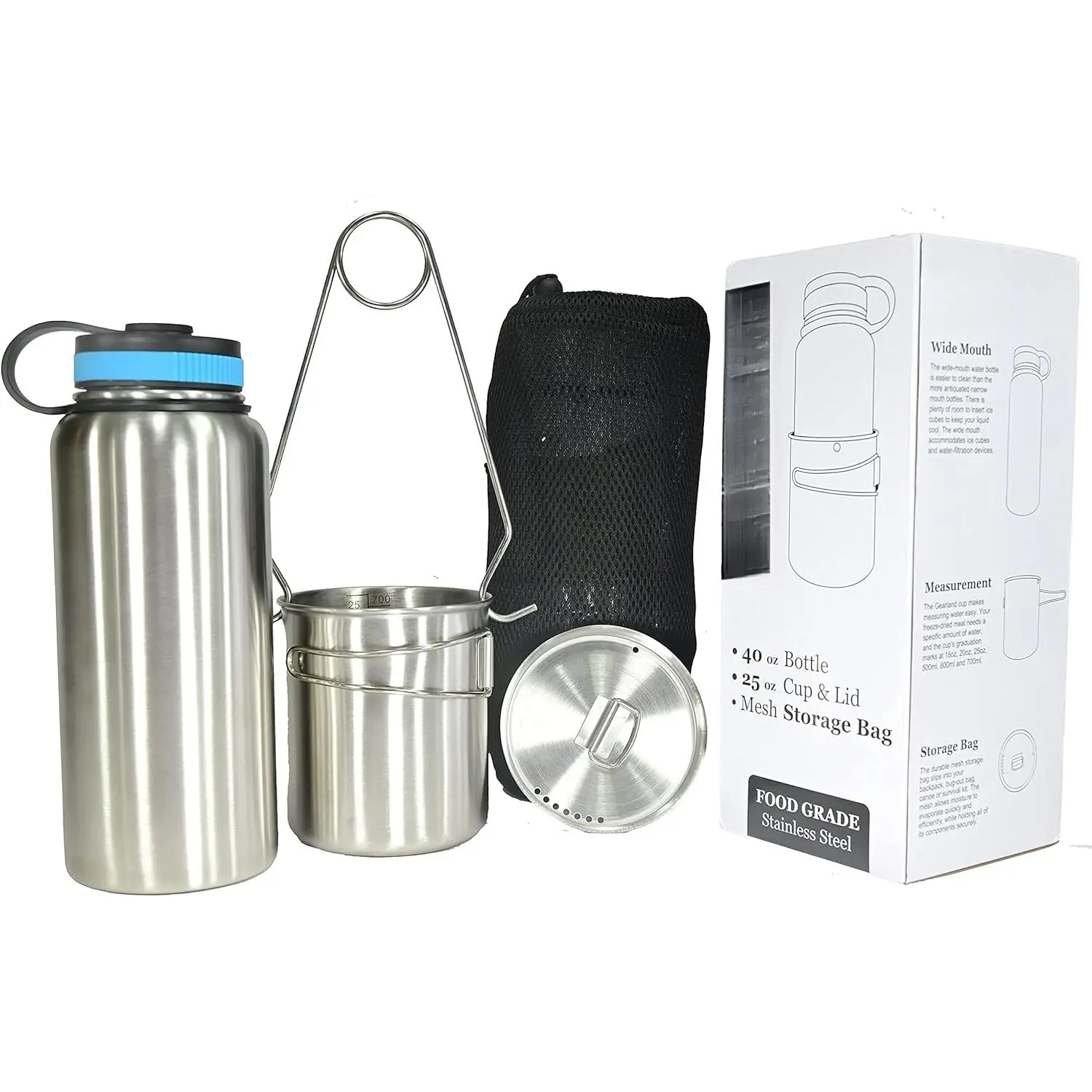 Canteen Stainless Steel Water Bottle with Nested Camping Cup and Lid  Bug Out Bag, Bushcraft Gear, Metal Canteen with a Wide Mouth Water Bottle and Mess Kit