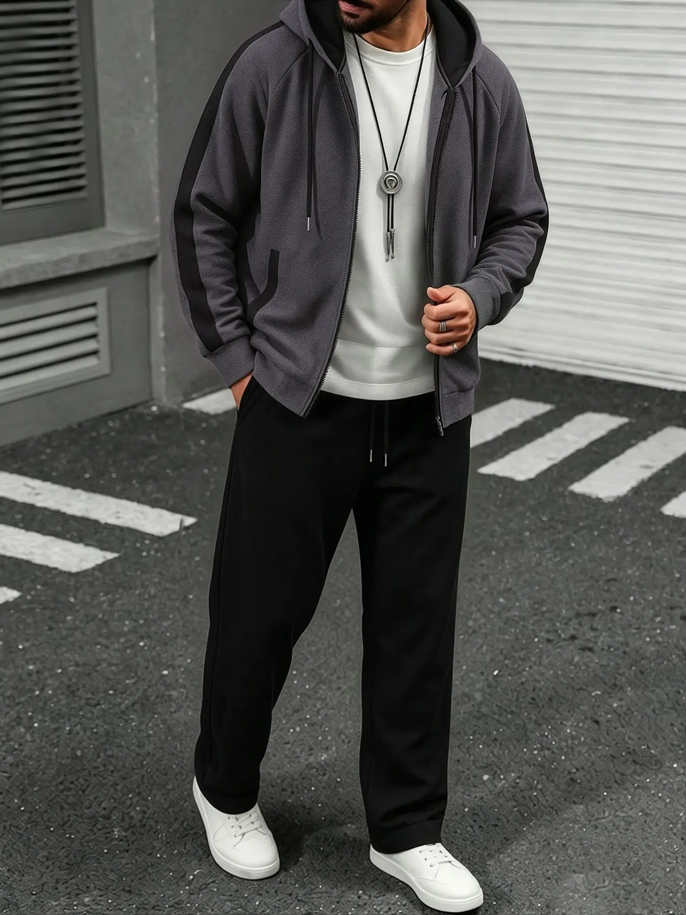 Men Color Block Grey Black Zip Up Hoodie 2 Piece Tracksuit Set, Raglan Sleeve Drawstring Hooded Jacket With Side Pockets & Elastic Drawstring Cuffed Jogger Pants, Thickened Soft Fleece Friendly Fabric, Autumn Winter Multi-Purpose Outfit For Indoor Relaxat