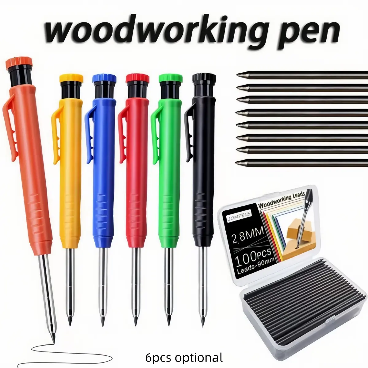 6pcs Professional Woodworking Pencil Set, Includes 100 Lead Sticks, Ideal for Deep Hole Marking, Fine Writing Tools, 5 Pencils + 1 Box Lead