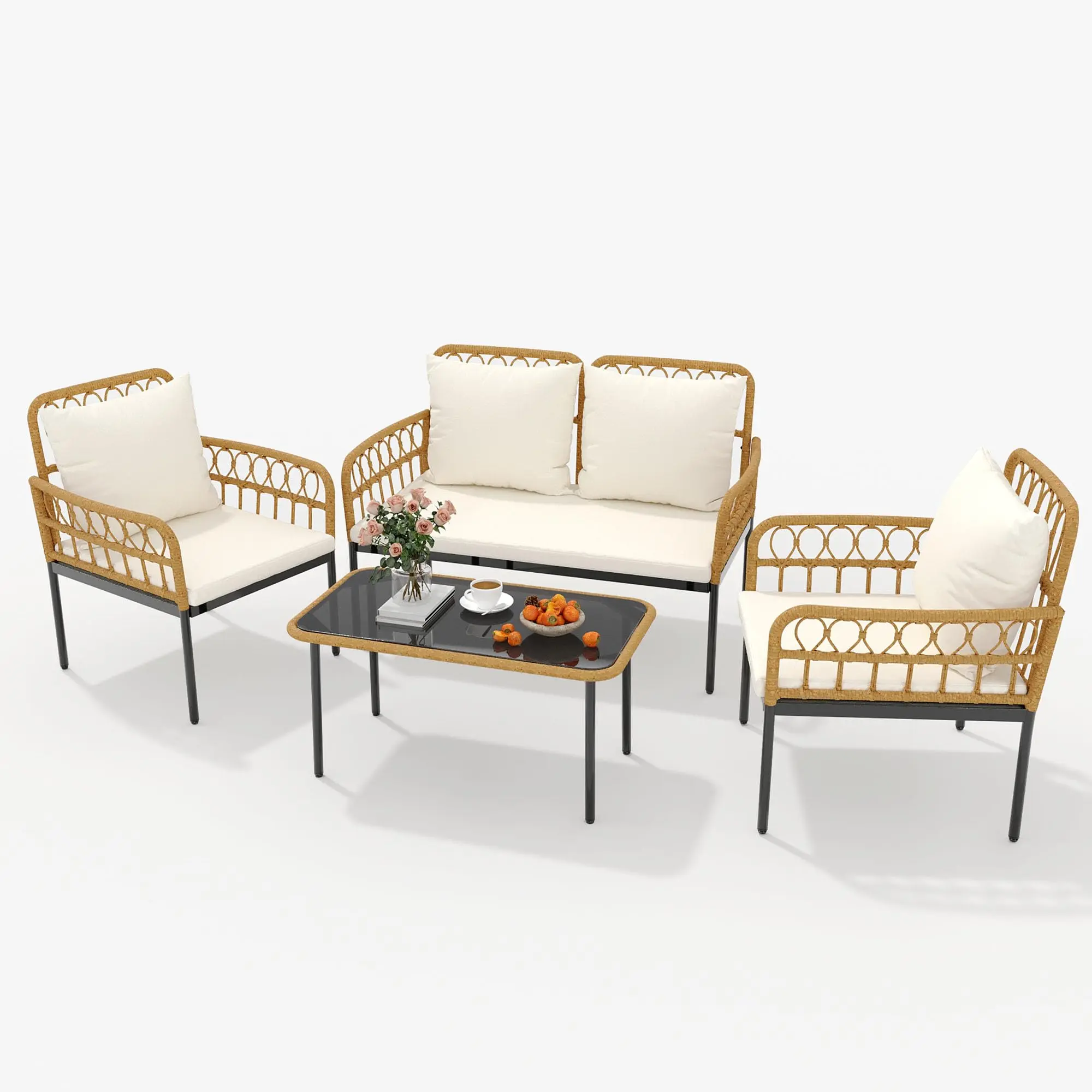 GARVEE4-Piece Outdoor Wicker Patio Bistro Set with All-Weather Rattan, Includes Glass Top Coffee Table, Loveseat, 2 Armchairs, and Cushions; Available in Beige and Black, Ideal for Backyard and Garden