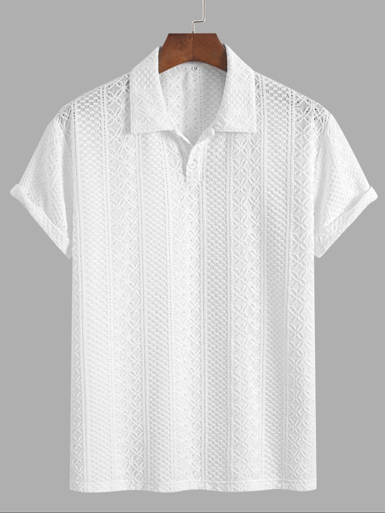 Men's Solid Jacquard Button Polo Shirt, Regular Fit Casual Short Sleeve Polo Top for Summer, Fashion Men's Clothes for Daily Wear