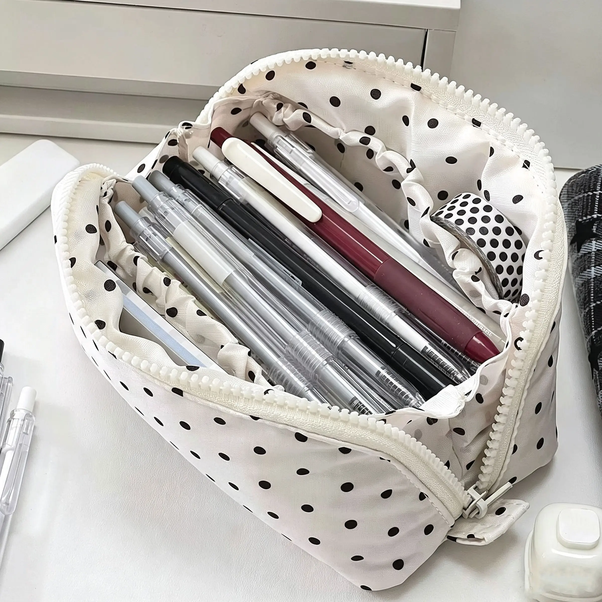 New Polka Dot Pen Pouch, Open Design, High Aesthetic Value, Large Capacity, Multi-Layer Pencil Organizer for Students