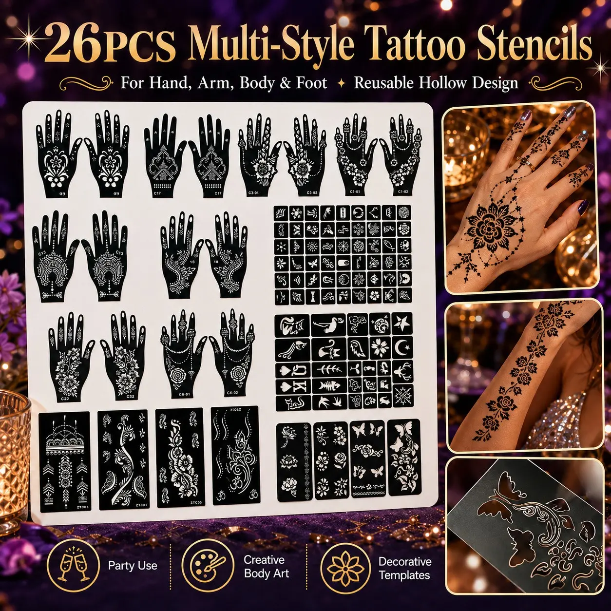 26pcs Multi-Style Creative Temporary Tattoo Stencils, Arm Body Foot Hand Tattoos, Reusable Easy-To-Peel, Party Use, Ideal for Parties Festivals Events