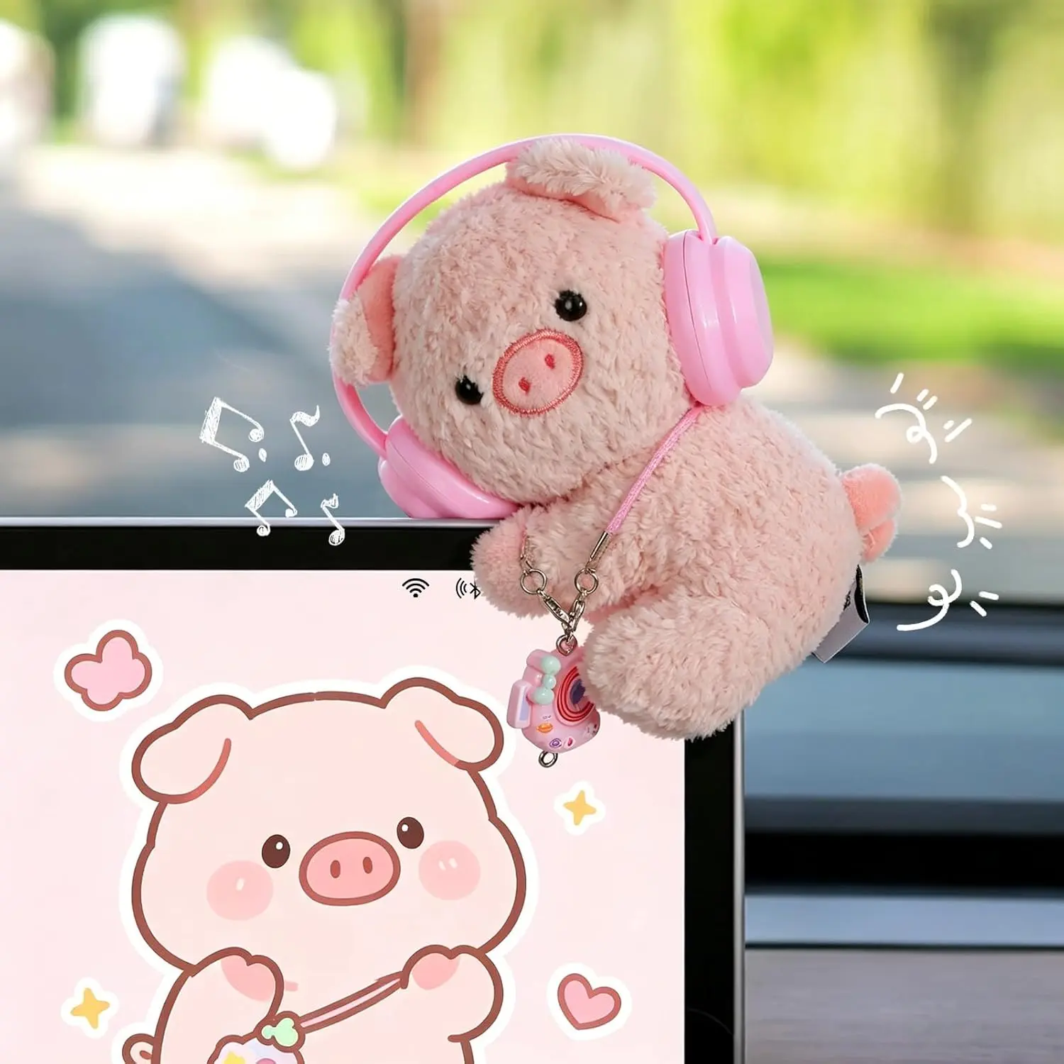Fluffy Cute Kawaii Pig Plush Fabric Car Dashboard Decor - Clip-On Ornament for Center Console, Auto Interior Accessory Gift for Women Drivers