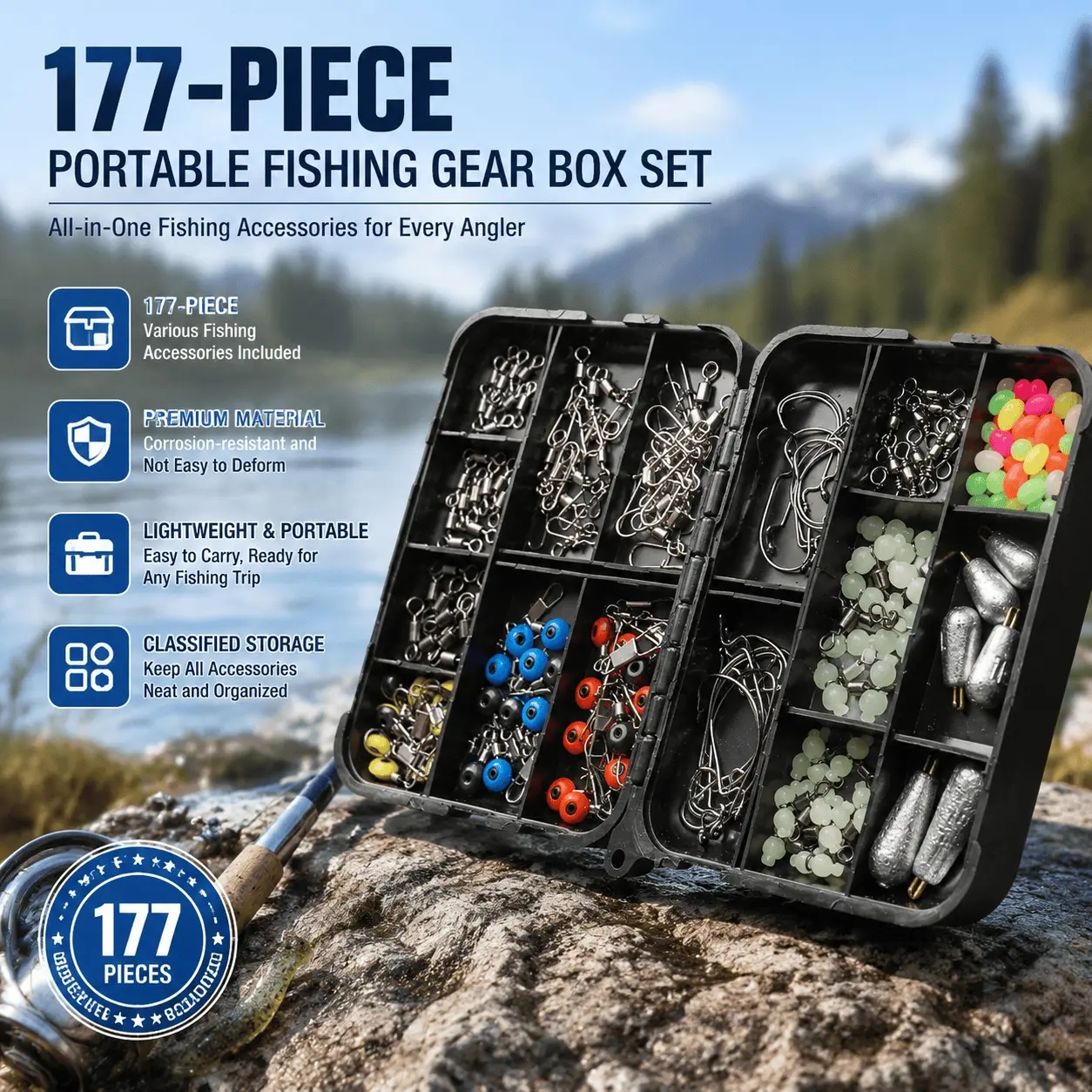 177-Piece Portable Fishing Terminal Tackle Kit with Sinkers, Sliders, Swivels, Glow Beads, Roller Swivels, Lead Hooks, Barrel Swivels for Freshwater & Saltwater