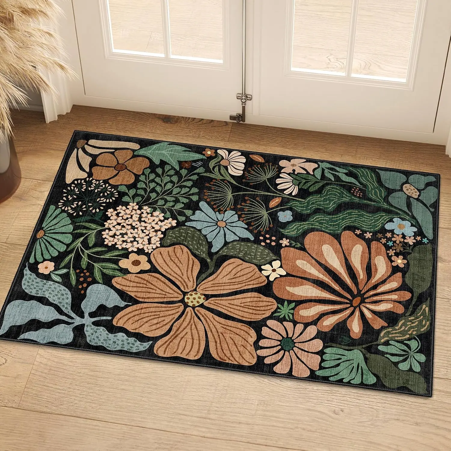 Black 2x3 Washable Rug Floral Small Area Rugs Non Slip Low-Pile | Machine Washable Throw Carpet for Entryway Kitchen Bathroom Bedroom Boho Indoor Modern Abstract Botanical Flower