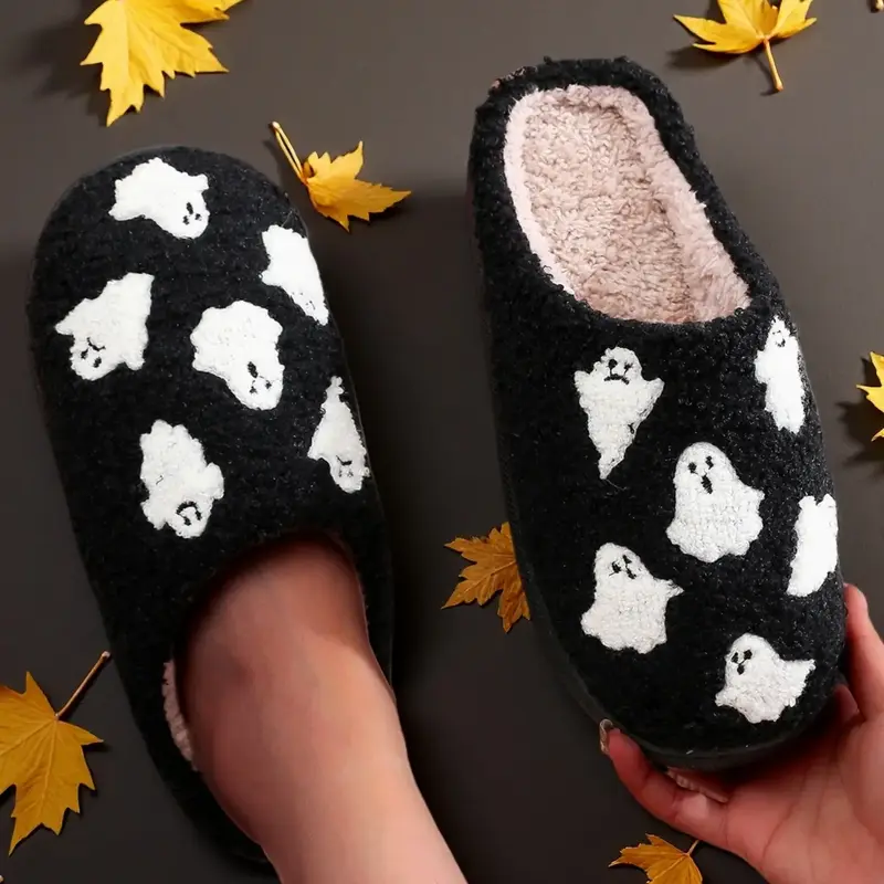 Women's Halloween Themed Cartoon Ghost Pattern Plush Slippers, Casual Soft Comfortable Home Slippers, Warm House Slippers, Flat Slippers, Warm Slippers for Indoor & Outdoor Use for Fall & Winter, Anti Slip Slippers, Slipper Shoes