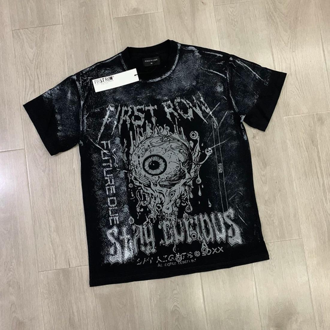 Casual FIRST ROW T-Shirts Washed Street Fashion American Style Hot Drill Letters Mens Womens High Quality Short Sleeves Tee Streetwear Trendy Graphic Tee Urban Fashion Cool Casual Look Unisex Stylish Summer Tee