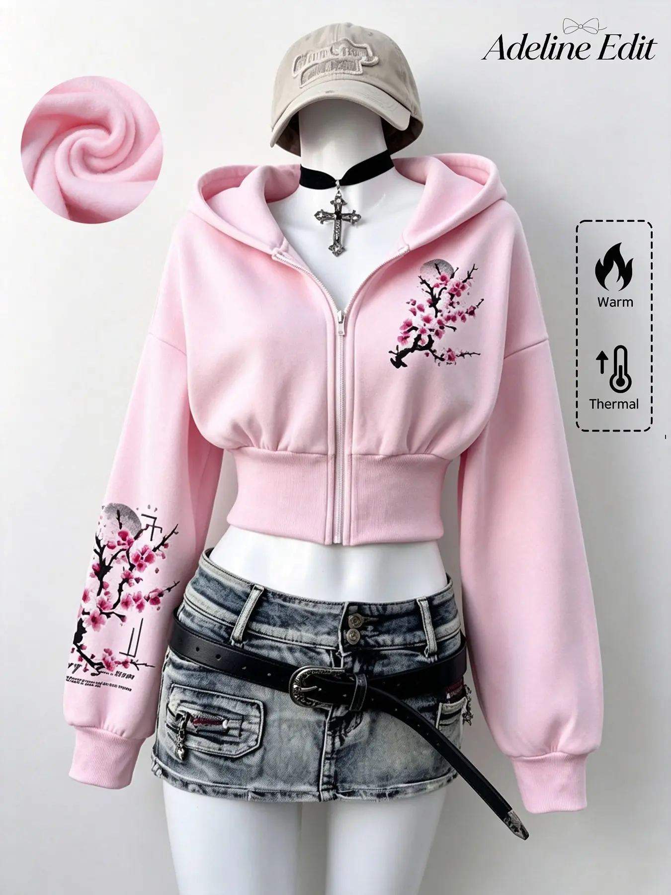 Women's Y2K Gothic Cherry Cross Pattern Short Zip Hoodie, Fleece Lining Warm Jacket, Drop Shoulder Long Sleeve Streetwear Casual