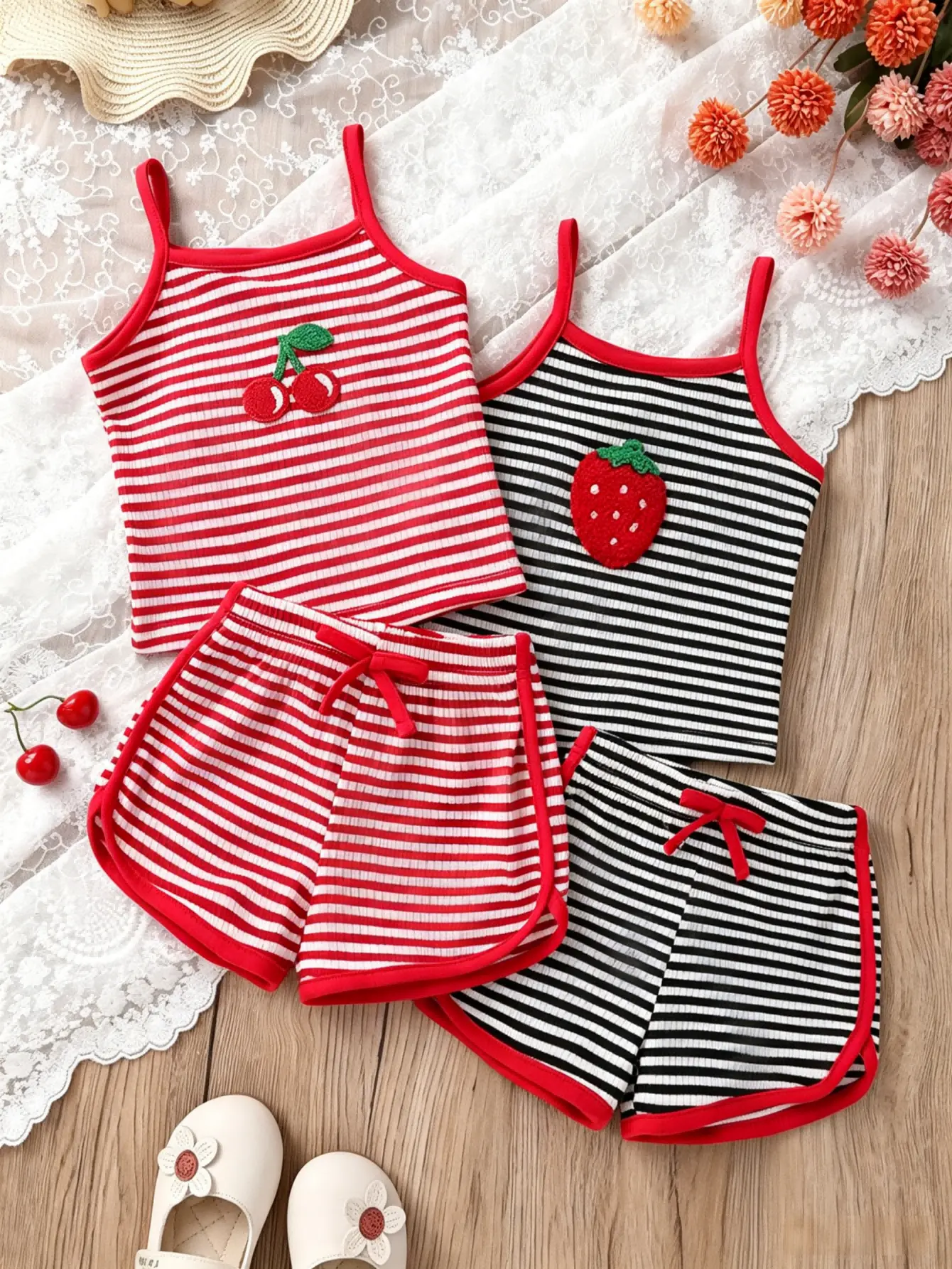 4pcs, Cute Baby Girls Clothes, Casual, Fashion, Comfortable, Strawberry And Cherry Embroidered Striped Camisole Top And Bow-decorated Elastic Waist Shorts Set, Toddler Girls Clothes, Baby Girls Clothes, Summer For Everyday Wear, Outdoor Activities4