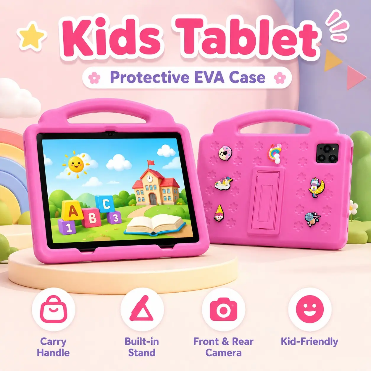 10.1 Inch Kids Tablet, 4GB RAM 64GB ROM, Android 12, Dual Camera, Kid-Proof Case with Handle, WiFi Learning Tablet for Toddlers