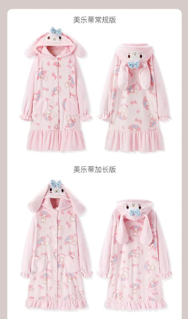 Kawaii My Melody Women Plush Pajamas Robe Set Homewear Cartoon Winter Long Style Thickened Nightgown Pants Anime Sweet Cartoon