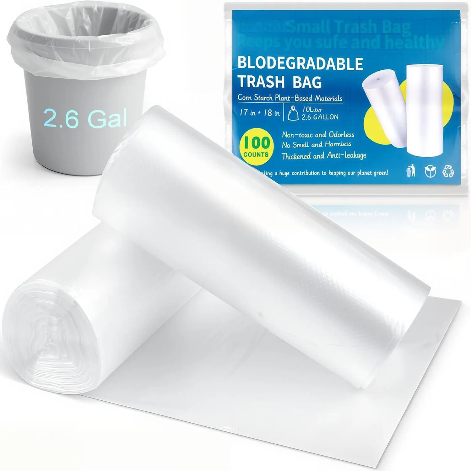 Clear Trash Bags - 100 Clear 2.6 Gallon Small Garbage Bags, , Leakage-Free, Unscented Thick for Bathroom, Office, Kitchen Small Trash Can