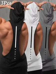 3Pcs Men's Black White Grey Quick Dry Hooded Muscle Tank Top Deep U Large Cut Out Back Vertical Paris Letter Print Wide Strap Sleeveless Gym Workout Vest Stretch Breathable Athletic Training Top For Bodybuilding Running Street Daily Outfit