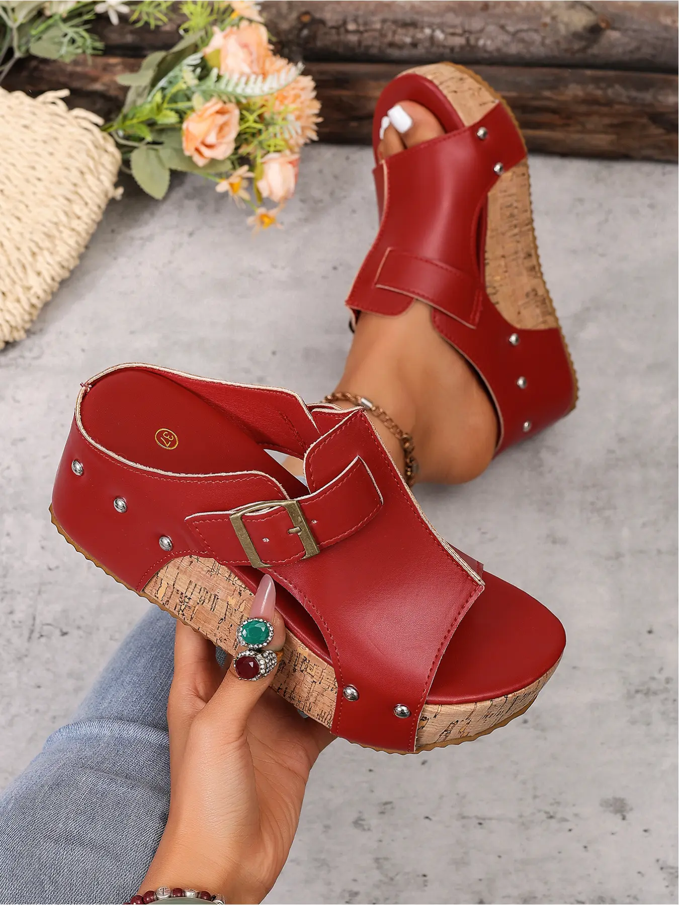 Open-Toe Slip-On Side Cutout Studded Buckle Wedge Mules, Platform Sandals Summer Outing Slides