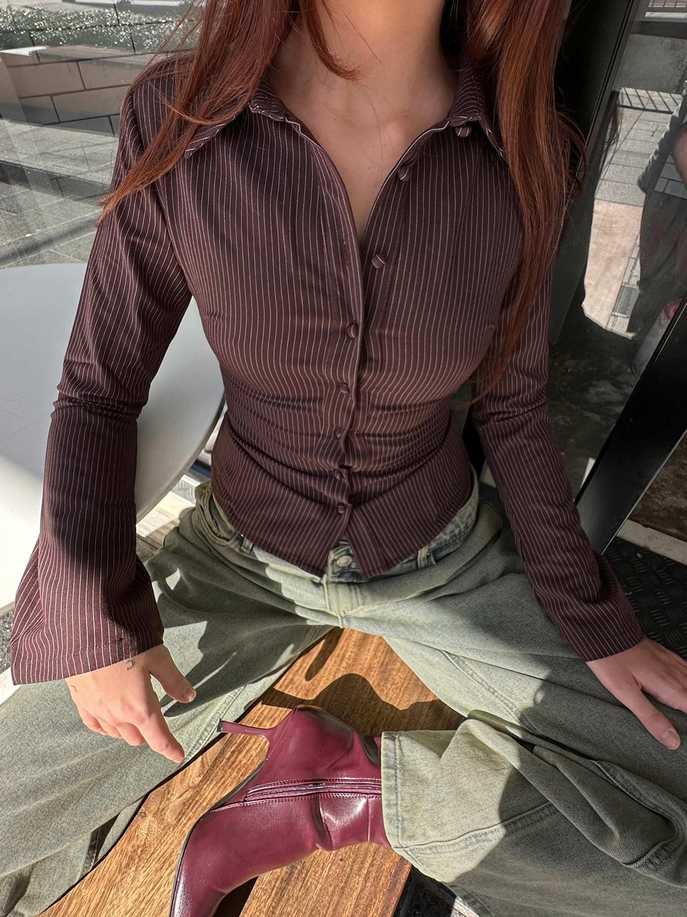 Women's All-Over Striped Print Button Front Blouse, Casual Long Sleeve Top for Spring & Fall, Ladies Clothes for Daily Wear, Casual Fashion Shirt