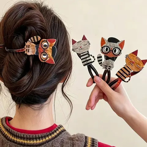 4pcs Cute Cartoon Cat Acrylic Hair Clips, Colorful Animal Prints, Sweet Style Twisted Hair Clips, Perfect Gifts for Women, Holidays, Cute Hair Accessories