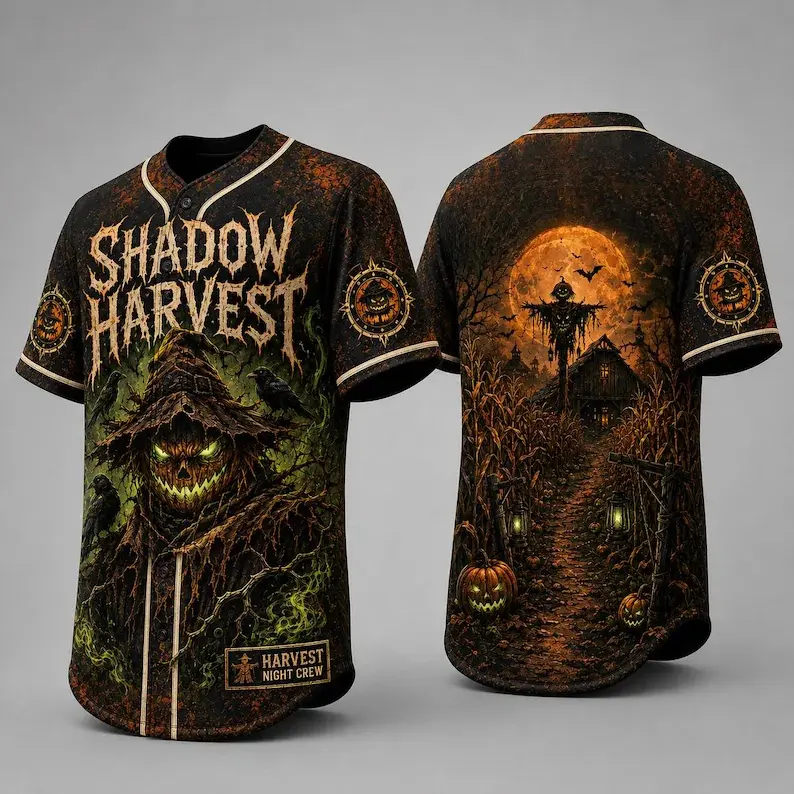 Men's Halloween Graphic Art Button-Front Baseball Jersey - Horror Scarecrow Design, Shadow Harvest Spooky Season Shirt, Multi-Size Halloween Gift
